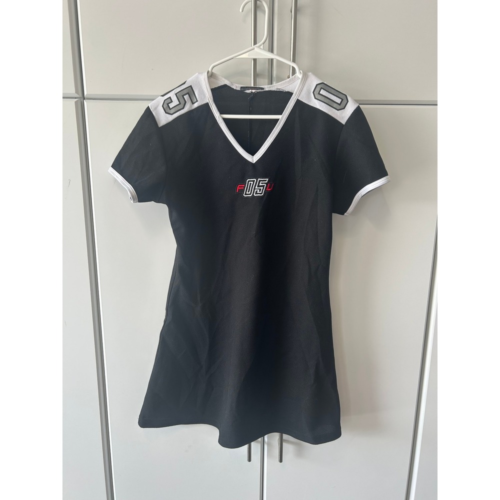 Black Mesh Jersey V-Neck Mini Dress Short Sleeve Sporty Athletic F05U Graphic